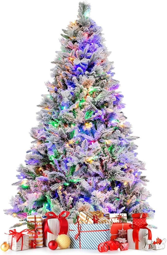 HAPPYGRILL 6 FT Pre-lit Artificial Christmas Tree, Snow-Flocked Xmas Tree with 240 Multi-Color LED Lights, 8 Lighting Modes, 850 Branch Tips, Pine Needles, Hinged Tree for Home Office Party