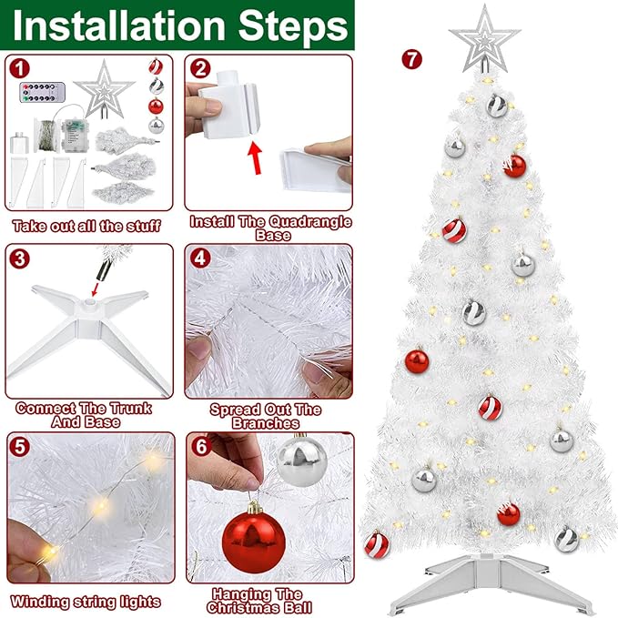 4 Ft White Christmas Tree with Timer Remote Control 8 Mode 100 Warm White Light 18 DIY Ball Ornaments 3D Star Battery Operated Small Xmas Tree Table Indoor Holiday Decor