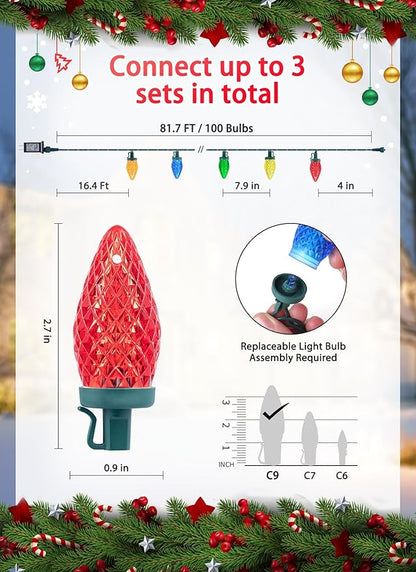 Minetom C9 LED Christmas Lights Outdoor, 81 Feet 100 LED String Light with Timer & 8 Lighting Mode, Waterproof Commercial Grade Christmas Tree Lights for Outside Indoor Roofline Patio, Multicolor