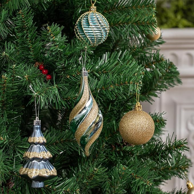 108 Pcs Christmas Ball Ornaments Set, Blue and Gold Shatterproof Hand-Painted Hanging Bulbs Decoration for Xmas Tree, Wreath, Garland, Home Holiday Decor