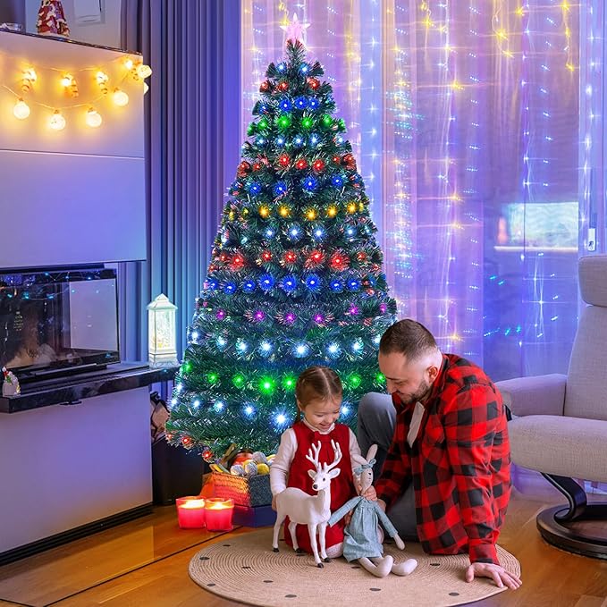 HAPPYGRILL 6FT Pre-Lit Fiber Optic Christmas Tree with Colorful LED Lights, 8 Lighting Modes, 230 Branch Tips, Foldable Metal Base, Pre-Lit Xmas Full Tree Decor for Office Home