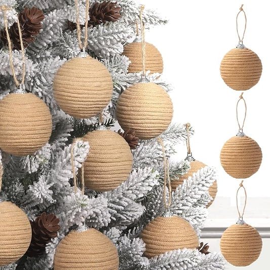 JOICEE 9 Pcs Boho Christmas Ball Ornaments Set, Jute Rope Hanging Balls Neutral Rustic Ornaments Christmas Ball Decoration for Xmas Tree Wreath Garland Party Farmhouse Decor(Linen)