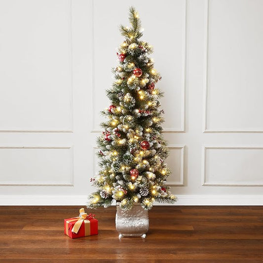 LuxenHome 5FT Potted Christmas Tree with Ornaments, Pre-Decorated Small Flocked Artificial Christmas Trees Prelit with 150 LED Lights, Pencil Xmas Tree with Pot for Indoor, Outdoor