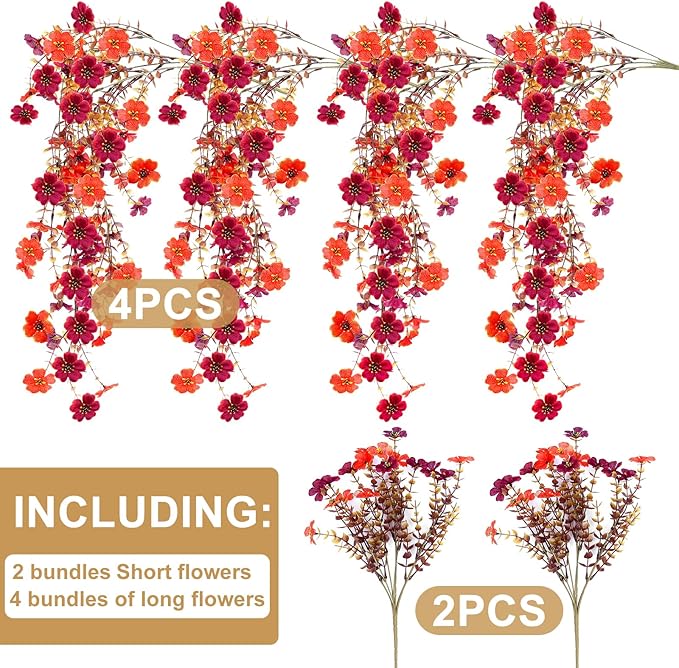 Outdoor Artificial Fall Flowers 6PCS, All Weather Fade Proof, UV Resistant Waterproof Realistic Faux Silk Mums Daisies Orange & Brown for Hanging Planters Porch Patio Balcony Deck Fence Garden Decor