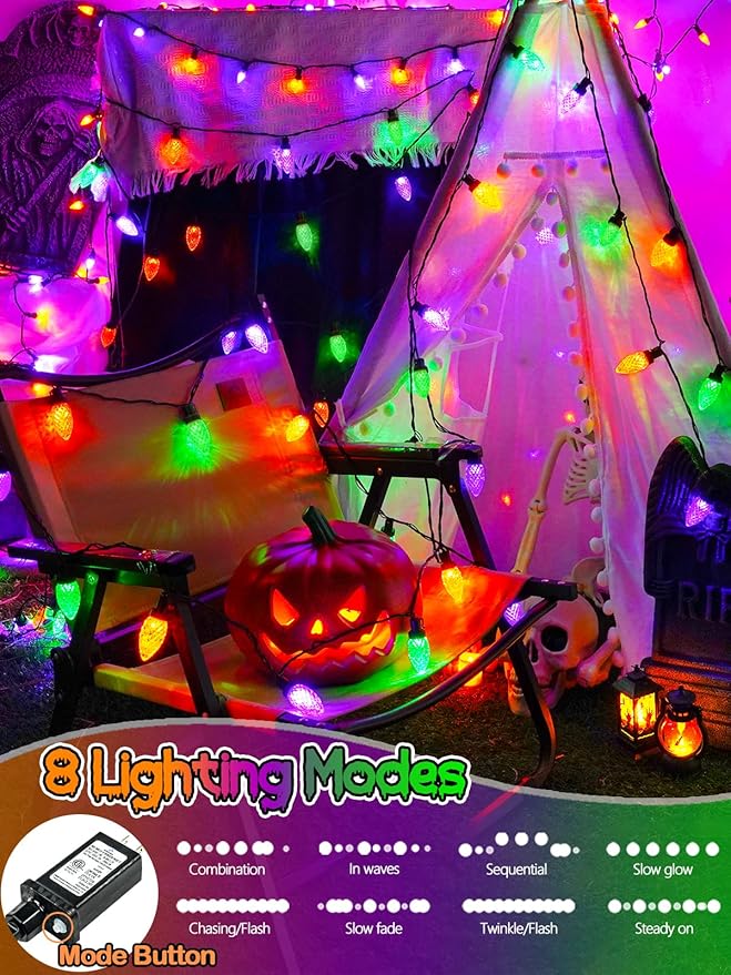 2-Pack C9 Halloween String Lights Plug in, 66 FT 100 LED Halloween Lights Connectable with 8 Modes & Timer, Waterproof Fairy Twinkle Light Indoor Outdoor for Tree Yard Decor (Orange Purple and Green)
