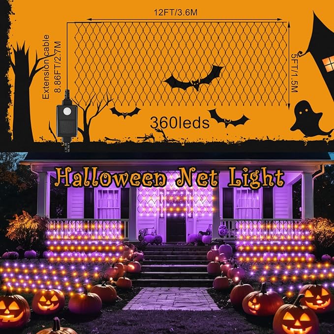 HYH Halloween Net Lights,360 LED 12FT x 5FT Halloween Decor Fairy Orange&Purple with 8 Modes String Connectable Waterproof Outdoor Lights,Hanging Light for Indoor Party Yard Garden Bushes Decorations