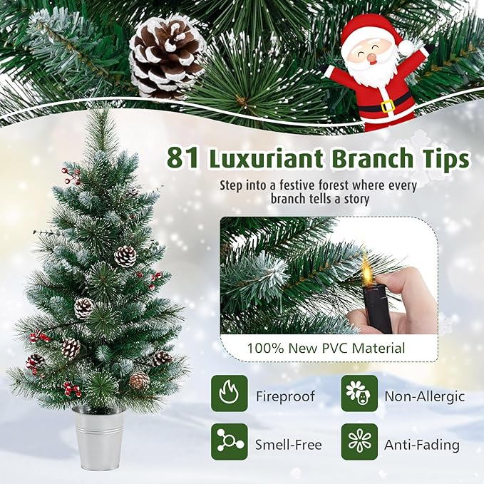 HAPPYGRILL 3 FT Artificial Entrance Christmas Tree, Small Tabletop Xmas Tree w/81 Branch Tips, Eucalyptus Leaves, Pine Needles, Pine Cones, Red Berries, 20 LED Lights, Timer, 8 Lighting Modes