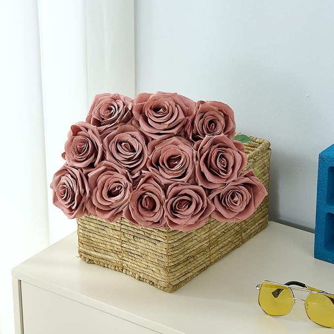 15pcs Dusty Rose Artificial Flowers Roses Fake Silk Flowers Faux Long Stem Artificial Roses for Wedding Party Bridal Show Decorations (VASE is NOT INVLUDED)