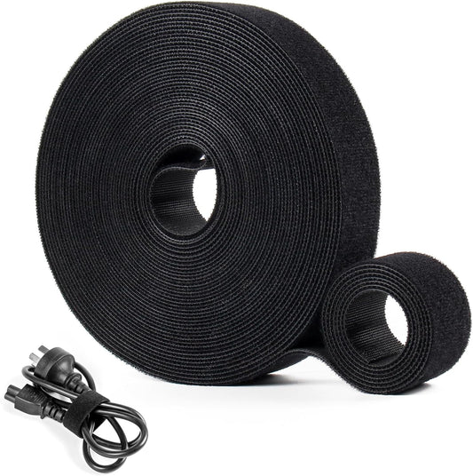OneLeaf Hook and Loop Roll Reusable Fastening Cable Ties, 33ft x 1inch Black Heavy Duty Cord Organizer Straps, Free Cutting Multi-Purpose Cable Management Tape for Home and Office