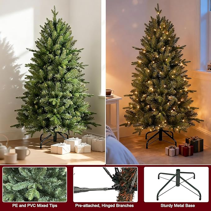 4FT Pre-Lit Artificial Christmas Tree with 628 PE&PVC Mixed Branch Tips, 200 Warm White Lights, Hinged Premium Spruce Fake Xmas Trees, Green, Foldable Base