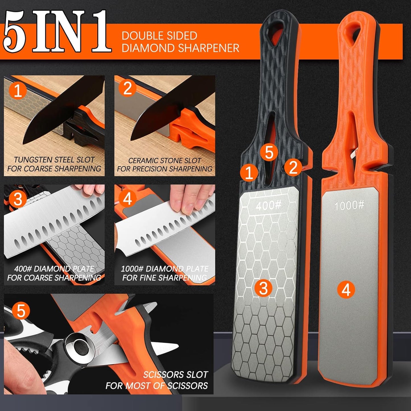Diamond Sharpening Stone,400/1000 Grit Handheld Double-Sided Diamond Sharpener 5 in 1 Honeycomb Surface Knife Sharpener Plate Whetstone with Ceramic & Tungsten Steel Scissor Slot for Kitchen Outdoor