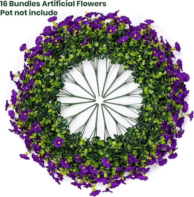 Artificial Faux Flowers for Outdoor 16 Bundles Boxwood Fake Morning Glory for Planter,UV Resistant Fake Flowers for Home Porch Patio Outside（Purple）