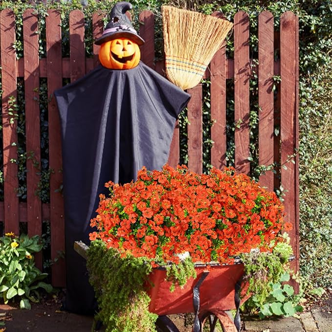 14 Bundles Fake Mums Fake Plants Artificial Mums for Outdoors Artificial Flowers for Yard Porch Home Garden Fall Indoor Outdoor Decor (Orange)