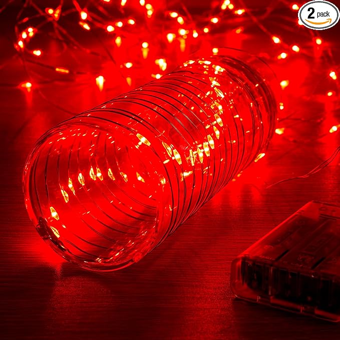 2 Pack 16.4ft Battery Operated String Lights with Timer, Red with Synchronized Twinkle Mode, Fairy Lights Battery Powered, 50 LEDs, Idea for Christmas Bedroom Party Wedding