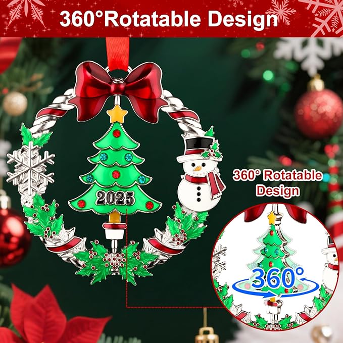 Christmas Ornament 2025 for Christmas Tree Hanging Decorations, Xmas Wreath Ornament with Rotatable Christmas Tree, Dated 2025 Metal Xmas Ornament for Holiday Decorative Keepsake Gift