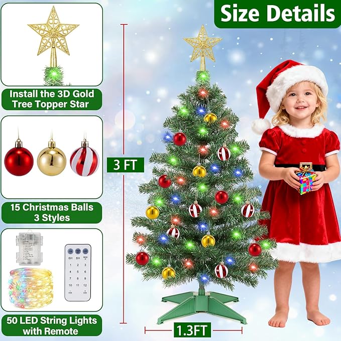 [ Remote Control & 12 Modes ] 3 Ft Christmas Tree with Timer 50 Warm White & Multi Color Lights, 15 DIY Ornaments 3D Star Topper - Artificial Small Green Christmas Tree for Home Indoor Tables - Green