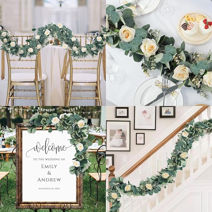 Ouddy Decor Eucalyptus Garland 6.56 Ft Lush Silver Dollar Leaves Boxwood Artificial Faux Greenery Vines for Baby Shower Wedding Party Table Runner Room Home Mantle Decor, Champagne