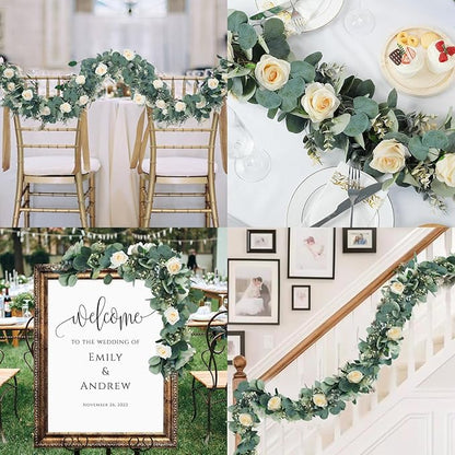 Ouddy Decor Eucalyptus Garland 6.56 Ft Lush Silver Dollar Leaves Boxwood Artificial Faux Greenery Vines for Baby Shower Wedding Party Table Runner Room Home Mantle Decor, Champagne