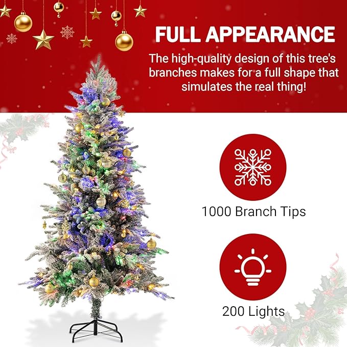 6ft Prelit Artificial Christmas Tree with 200 Multi-Color LED, 4 Color 8 Mode, Flocked Hinged Xmas Tree with 1000 Realistic Branches & Pinecones, Easy Assembly for Home Holiday Decoration