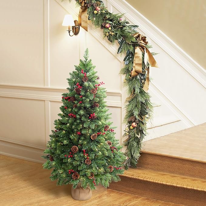 4FT Prelit Christmas Tree, Artificial Tabletop Xmas Tree, Small Christmas Tree Pre-Decorated with Pinecones and Berries (150 Clear Warm Lights and Realistic 380 Thicken Tips, Cloth Bag Base)