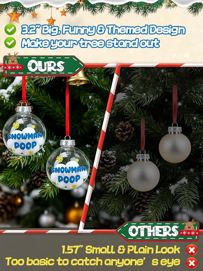 Funny Christmas Tree Ornaments for Adults 2025 - Snowman Poop Balls Unique Novelty Decorations, White Elephant Inappropriate Gag Gifts, 3.2" Dia. (2 Pack)