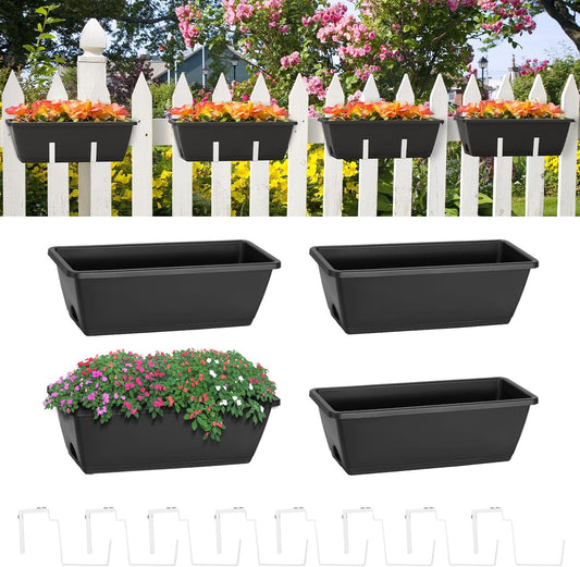 smusei Railing Planter Box 4 Pack Window Boxes Planters with Flower Box Brackets, 17’’ Rectangle Balcony Deck Railing Hanging Planters for Outdoor Fence Garden Patio Plants