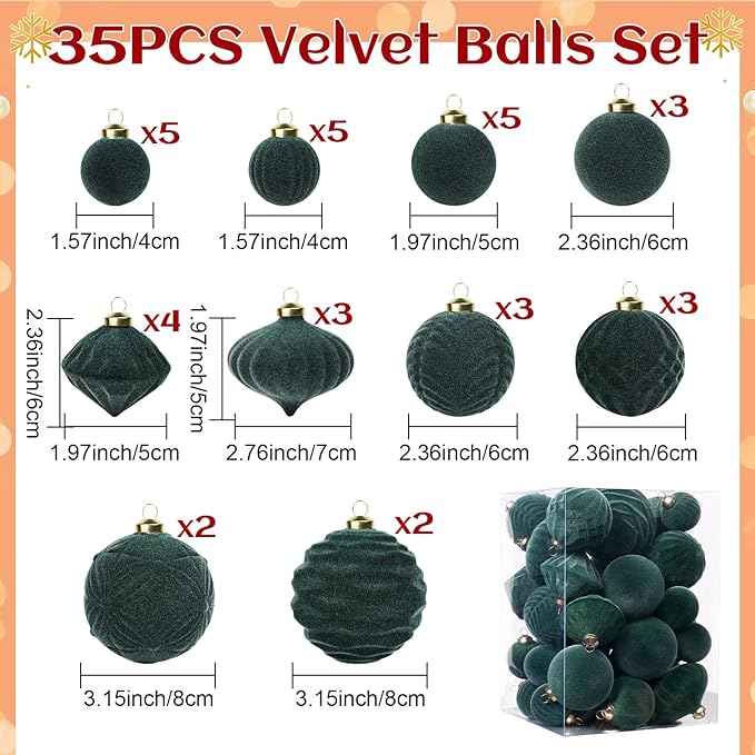 Velvet Ball Ornaments Christmas Balls Dark-Green 35 PCS Xmas Tree Flocked Ball Ornaments Assortment for Party Garland Wreath Decor Baby Shower First Christmas Decorations