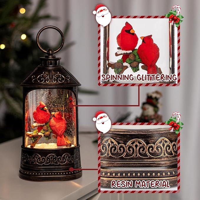 Cardinal Christmas Snow Globe Lantern, Glitter Lighted Cardinal Snow Globe with Music,Musical Christmas Decorations USB and Battery Operated, Cardinal Decor Cardinal Gifts