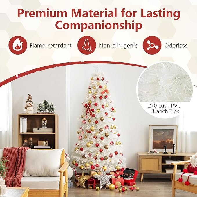 HAPPYGRILL 7FT Pre-lit Fiber Optic Christmas Tree, White Snow-Flocked Artificial Xmas Tree with 270 Branch Tips, 270 Multi-Color LED Lights, Top Star, Fake Holiday Tree for Party Office Home