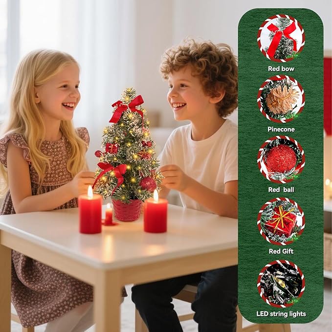 Tabletop Christmas Tree 11.81Inches Mini Artificial Christmas Tree with LED String Lights, Tabletop Small Xmas Tree for Holiday Indoor Christmas Decorations Red