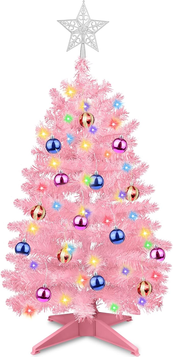 3 Ft Premium Pink Christmas Tree Dual Color Change 12 Modes Timer DIY 50 Warm White & Multicolor Lights 15 Ball Ornaments Star Artificial Small Full Xmas Tree Battery Operated Table Home Indoor