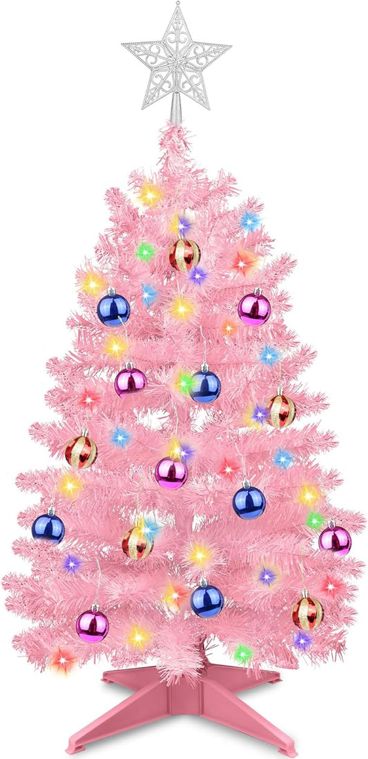 3 Ft Premium Pink Christmas Tree Dual Color Change 12 Modes Timer DIY 50 Warm White & Multicolor Lights 15 Ball Ornaments Star Artificial Small Full Xmas Tree Battery Operated Table Home Indoor
