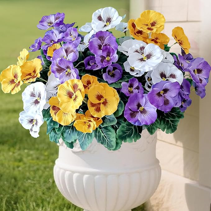 6 Bundles Outdoor Artificial Pansy Flowers - UV Resistant Silk Faux Pansies (Purple, Yellow, White) for Planter, Front Door, Porch, Yard, Patio, Window Box & Home Decor