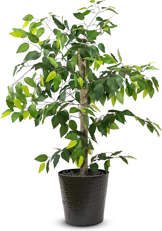 4ft Ficus Tree in Black Metal Pot with Real-Wood Trunk - Indoor and Outdoor Faux Plants for Patio, Living Rooms, Offices & Outdoor Spaces