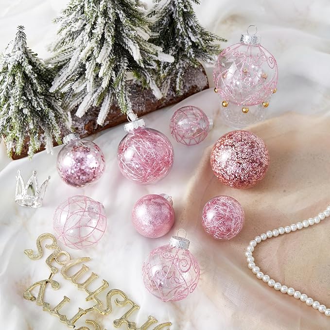 Wironlst Christmas Ball Ornaments Shatterproof Clear Large Plastic Hanging Ball Decorative Baubles Set with Stuffed Delicate Decorations (Multi-Size, Pink)