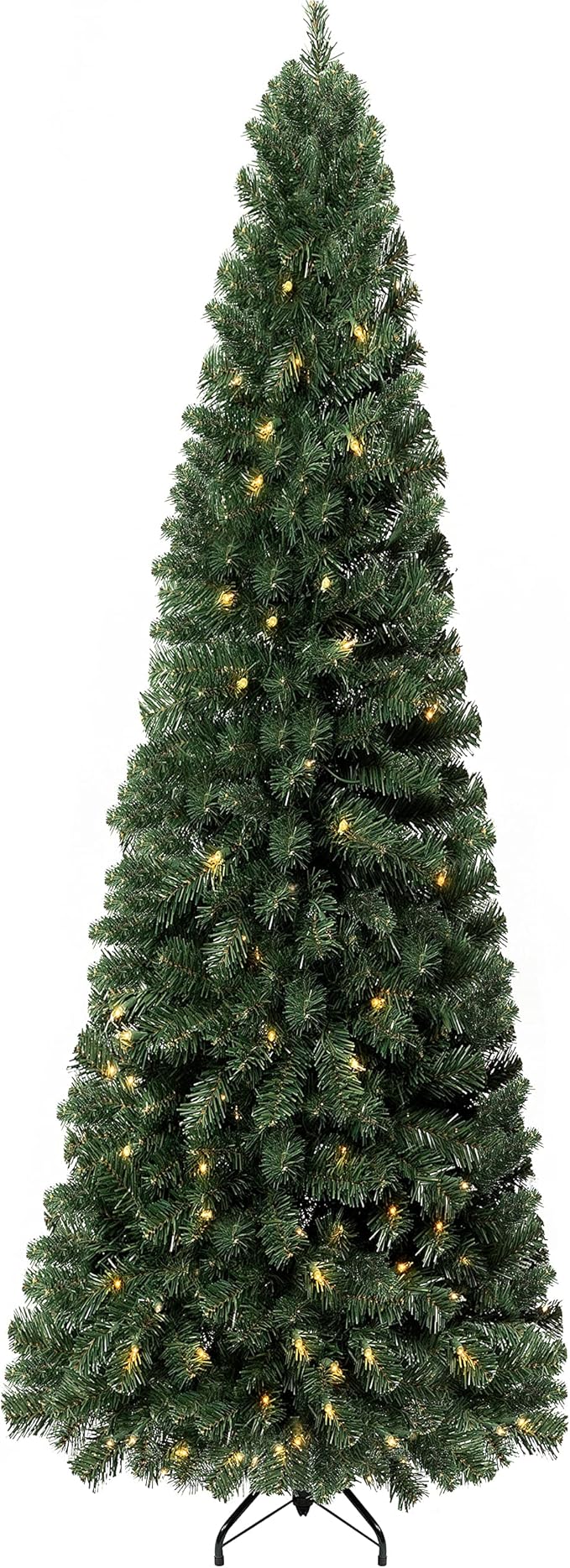 Vienna 9ft Prelit Slim Artificial Christmas Tree with 1455 Branch Tips, 500 Warm Lights and Metal Stand, 37" Wide Realistic Skinny Pencil Christmas Tree with Lights by Naomi Home