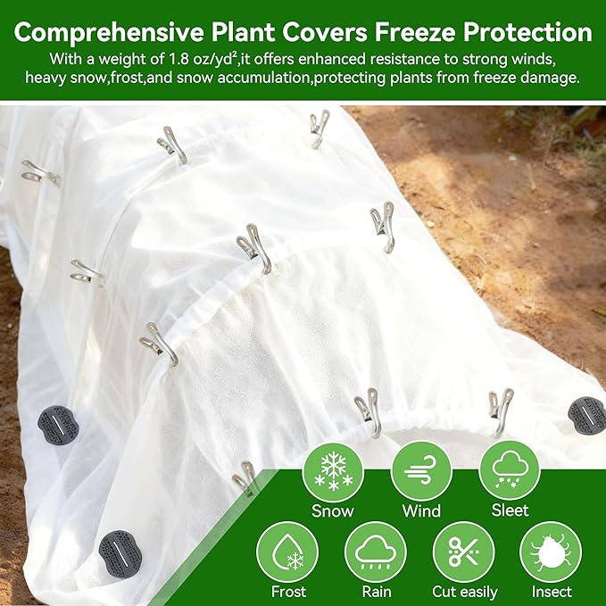 10 FT x 33 FT Plant Covers Freeze Protection kit - 1.8 oz/yd² Thickened Frost Cloths Blankets with Garden Row Cover Accessories for Outdoor Plants, Protect in Winter Cold/Sun Pests (White)