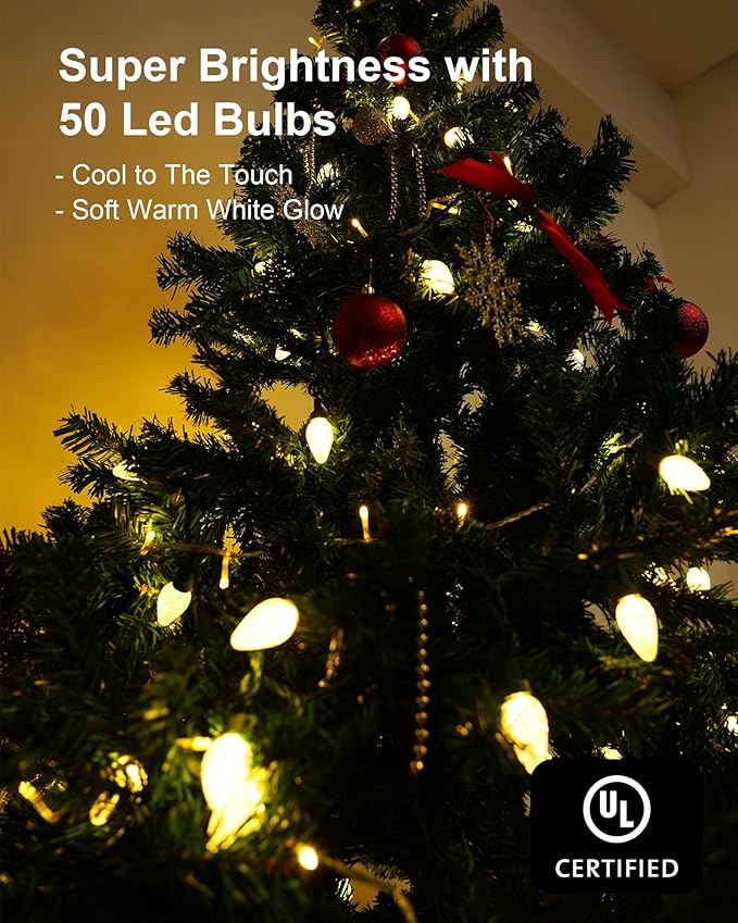 2-Set C7 Led Christmas String Lights, 25.16FT 50 LED Connectable Outdoor Indoor Decorative Light Strand, Warm White Holiday Lights for House, Christmas Tree, Patio, Party Decoration, UL Listed