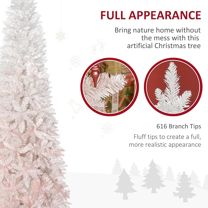 HOMCOM 7' Tall Unlit Pencil Fir Artificial Christmas Tree with Realistic Branches and Steel Base, Pink and White
