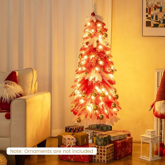 Happygrill 5 FT Artificial Christmas Tree, Candy Cane Xmas Tree with 301 Branch Tips, 100 Warm White LED Lights & Metal Base, Holiday Decoration Tree for Party Carnival