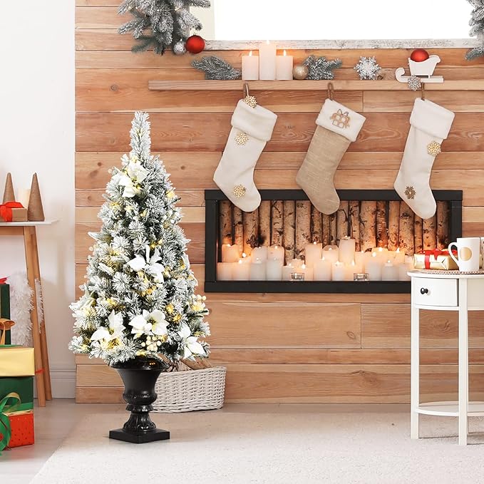 Happygrill 4ft Artificial Christmas Tree Pre-lit Entrance Xmas Tree with 100 LED Lights, Snow Flocked Potted Tree with Flowers & White Berries