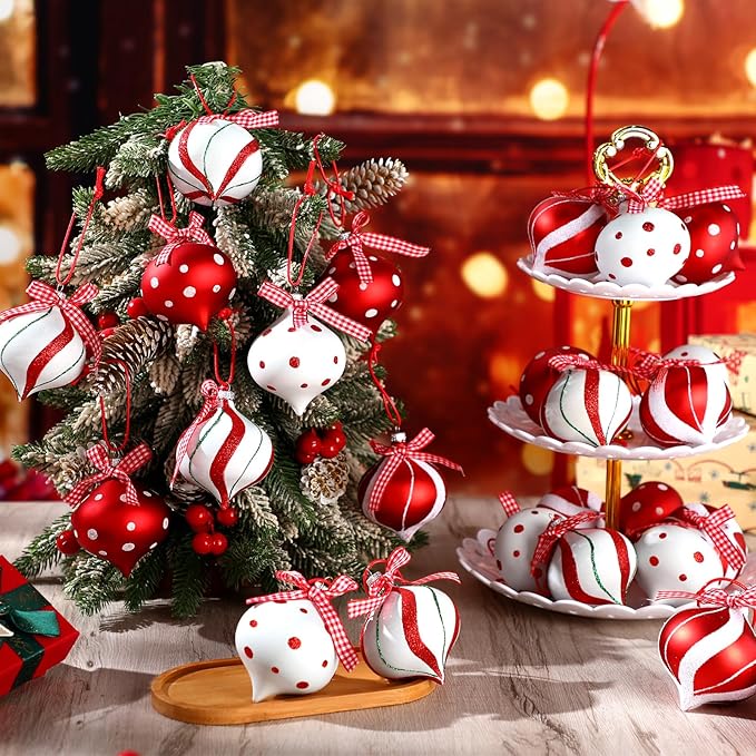 Syhood 24 Pcs Christmas Tree Ornaments, Christmas Ball Decorations Set, Shatterproof Baubles Xmas Tree Hanging Decor, Peppermint Candy Ball Red White Green Stripes Party Holiday(Classic,2.56 Inches)