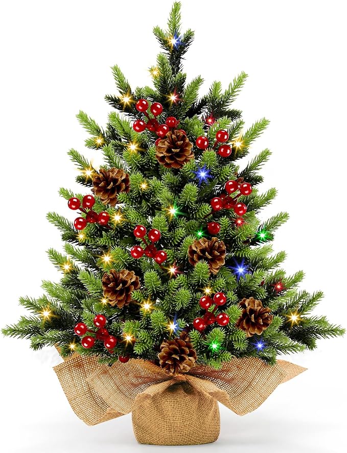 [ 12 Modes & Timer] Christmas Artificial Tree LED Warm Lights Battery Operated Red Berries Pine Cone Burlap Base Indoor Home Christmas Decorations
