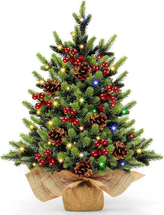 [ 12 Modes & Timer] Christmas Artificial Tree LED Warm Lights Battery Operated Red Berries Pine Cone Burlap Base Indoor Home Christmas Decorations