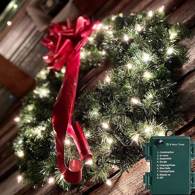 Christmas Lights - Battery Operated String Lights 50 LED String Lights Mini Lights with Auto-Timer and 8 Lighting Modes for Christmas Wreath Party Wedding Garden Home Decoration, Warm White