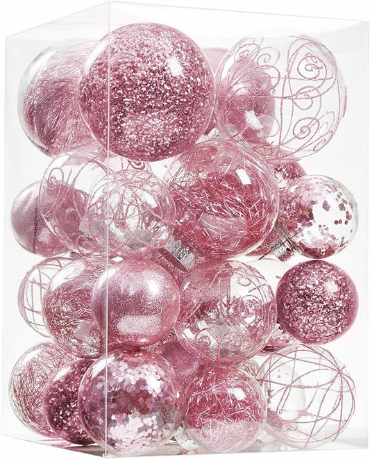 Wironlst Christmas Ball Ornaments Shatterproof Clear Large Plastic Hanging Ball Decorative Baubles Set with Stuffed Delicate Decorations (Multi-Size, Pink)