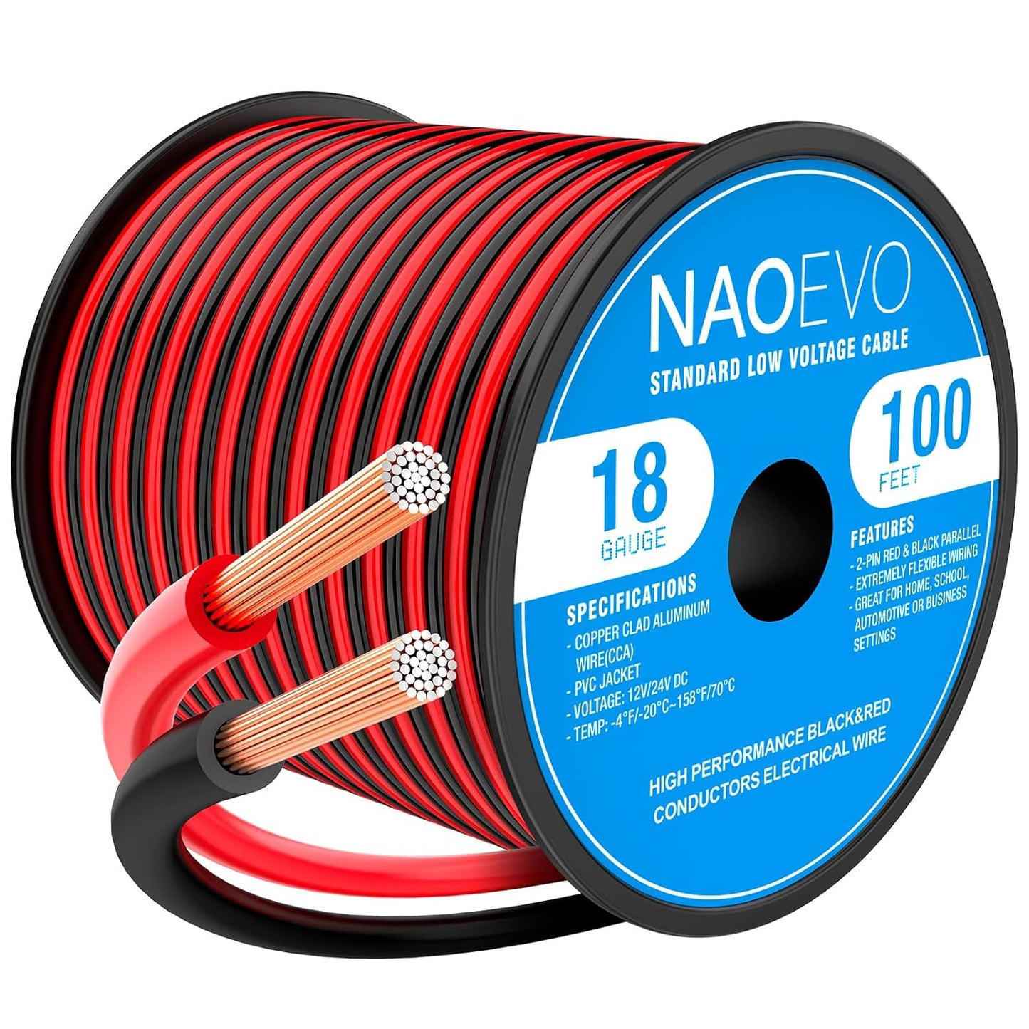 NAOEVO 18 Gauge Wire 100FT, 2 Conductors Electrical Wire Red Black Cable, Flexible/Low Voltage/PVC 18 AWG Copper Clad Aluminum Extension Cord for Speaker, LED Strips, Automotive 12V/24V DC