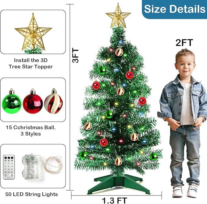 [ 12 Modes & Remote Control ] 3 Ft Christmas Tree with Timer 50 Four Color LED Lights DIY 15 Ball Ornaments Star Artificial Xmas Tree Indoor Outdoor Home Holiday Decoration (Green)