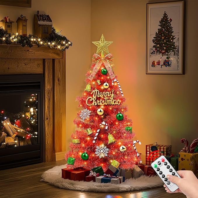 Valentines Day Decorations 3 FT Artificial Valentines Christmas Tree,Tabletop Small Christmas Tree with 50 Warm White & Multicolor Changing Lights Timer 8 Modes DIY Ball Ornaments Holiday Decoration