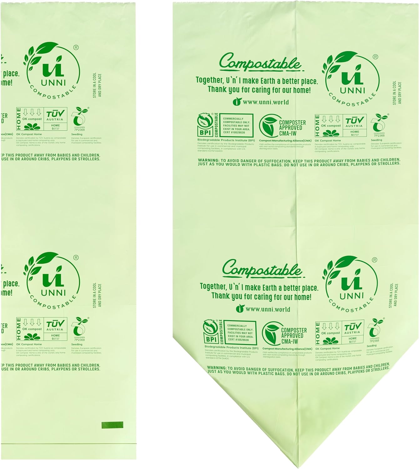 UNNI Compostable Trash Bags, 13 Gallon / 49.2 Liter, 200 Count Value Pack, Extra Thick 0.9 Mil Tall Kitchen Food Scrap Bin Liners, Certified by BPI, CMA & OK compost HOME, Meets ASTM D6400 Standard